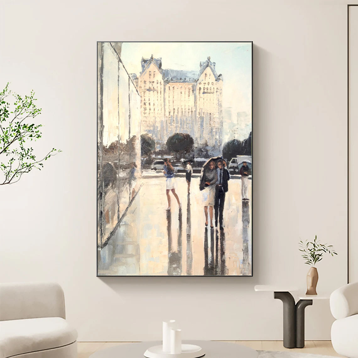 a painting of two people walking in the rain