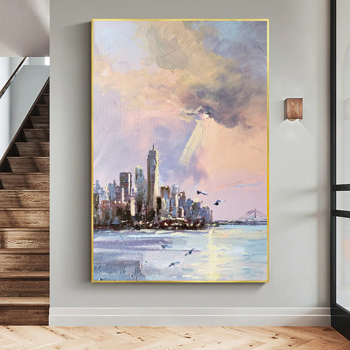 a painting hanging on a wall in a room
