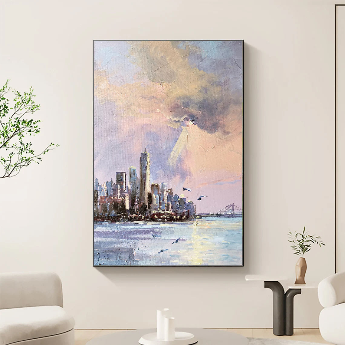 a painting of a city on a wall