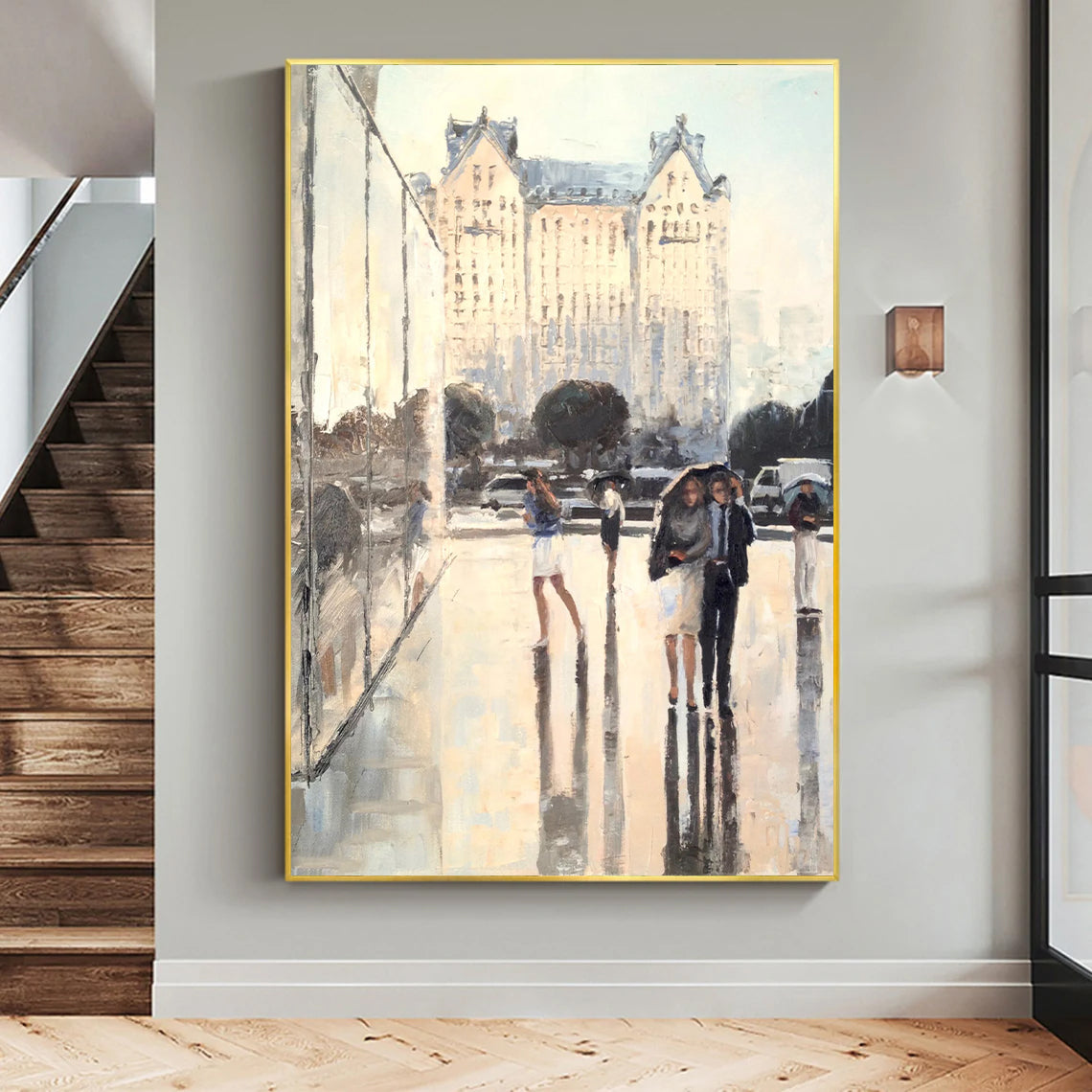 a painting of a couple walking down a rain soaked street