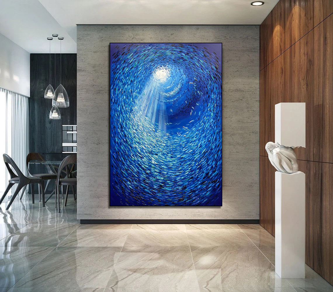 a painting of a school of fish in a blue ocean