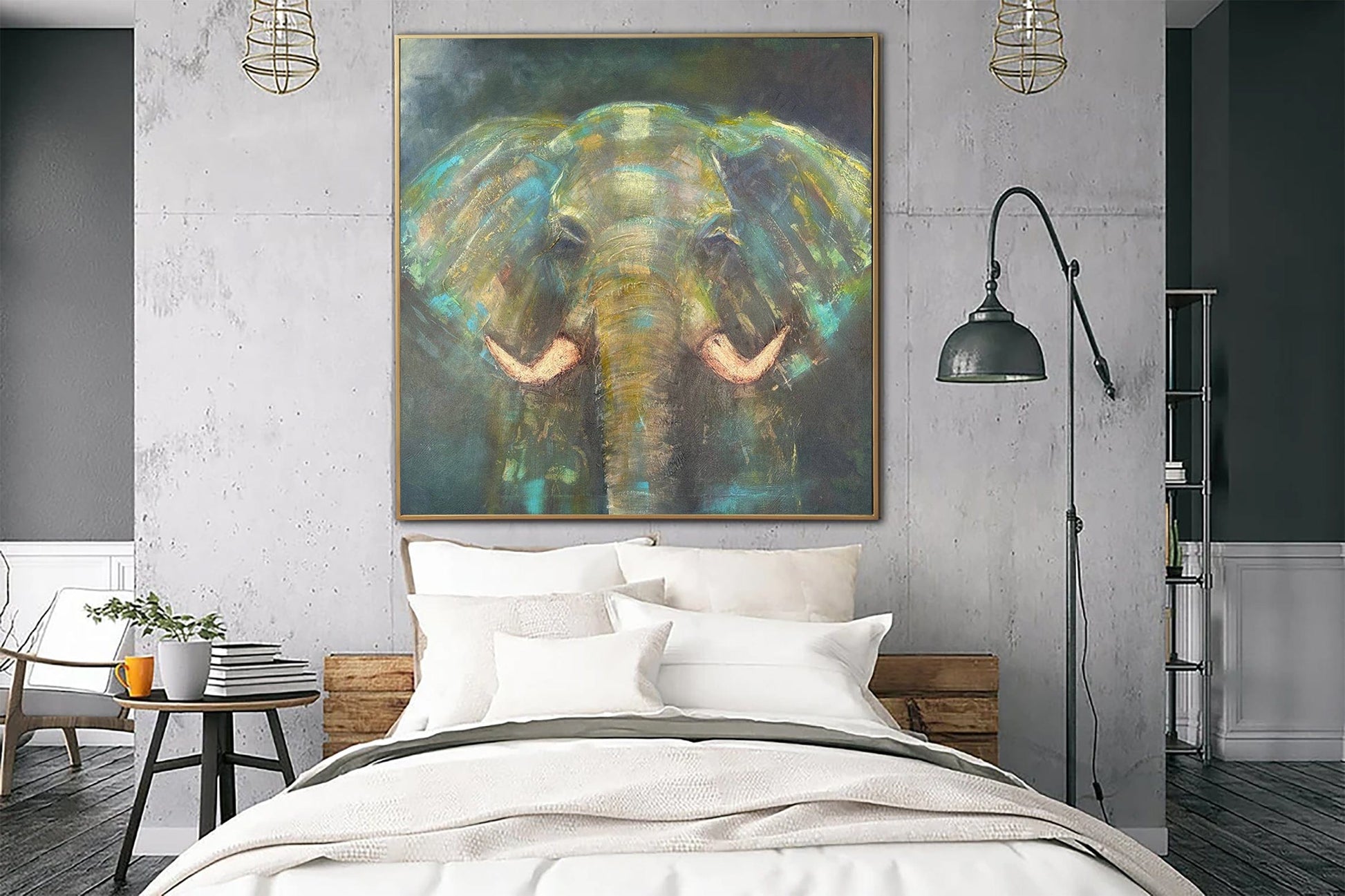 a painting of an elephant on a wall above a bed