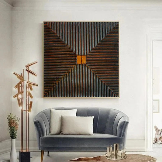 a modern living room with a gray sofa, a large abstract painting on the wall, and a decorative plant in a tall white vase.