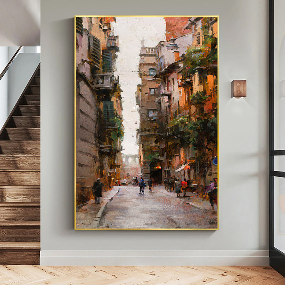 a painting of people walking down a city street