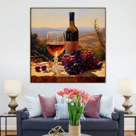 a painting of a glass of wine and a bunch of grapes on a table