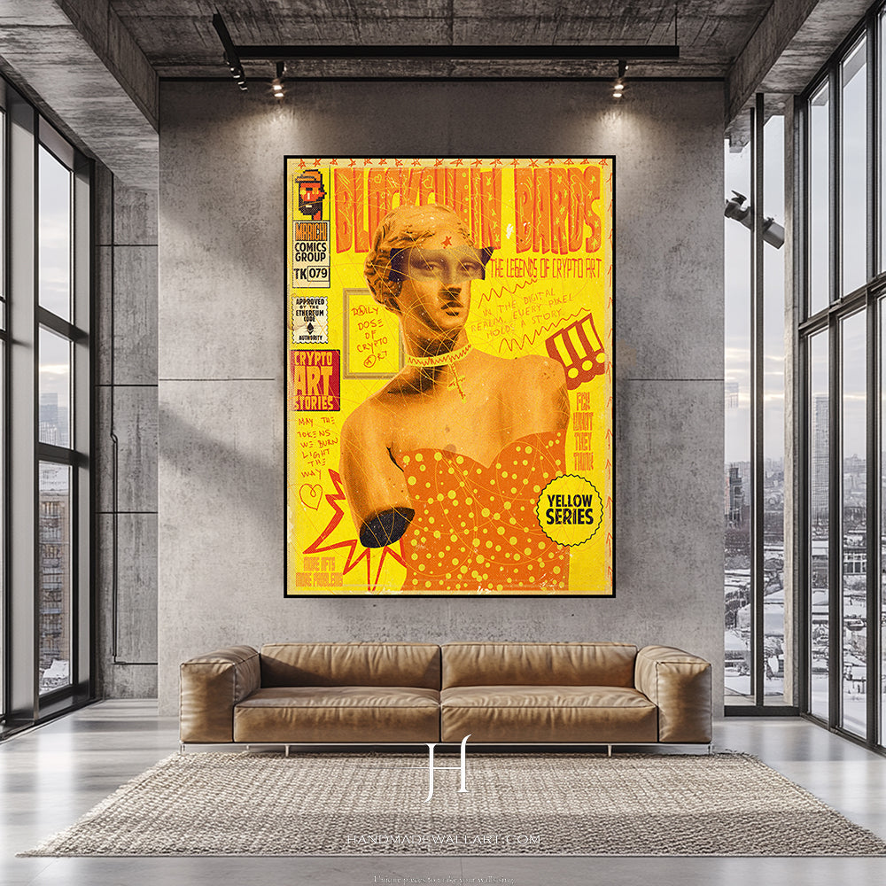 a living room with a couch and a painting on the wall