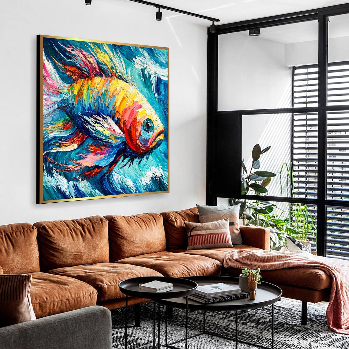 a living room filled with furniture and a painting on the wall