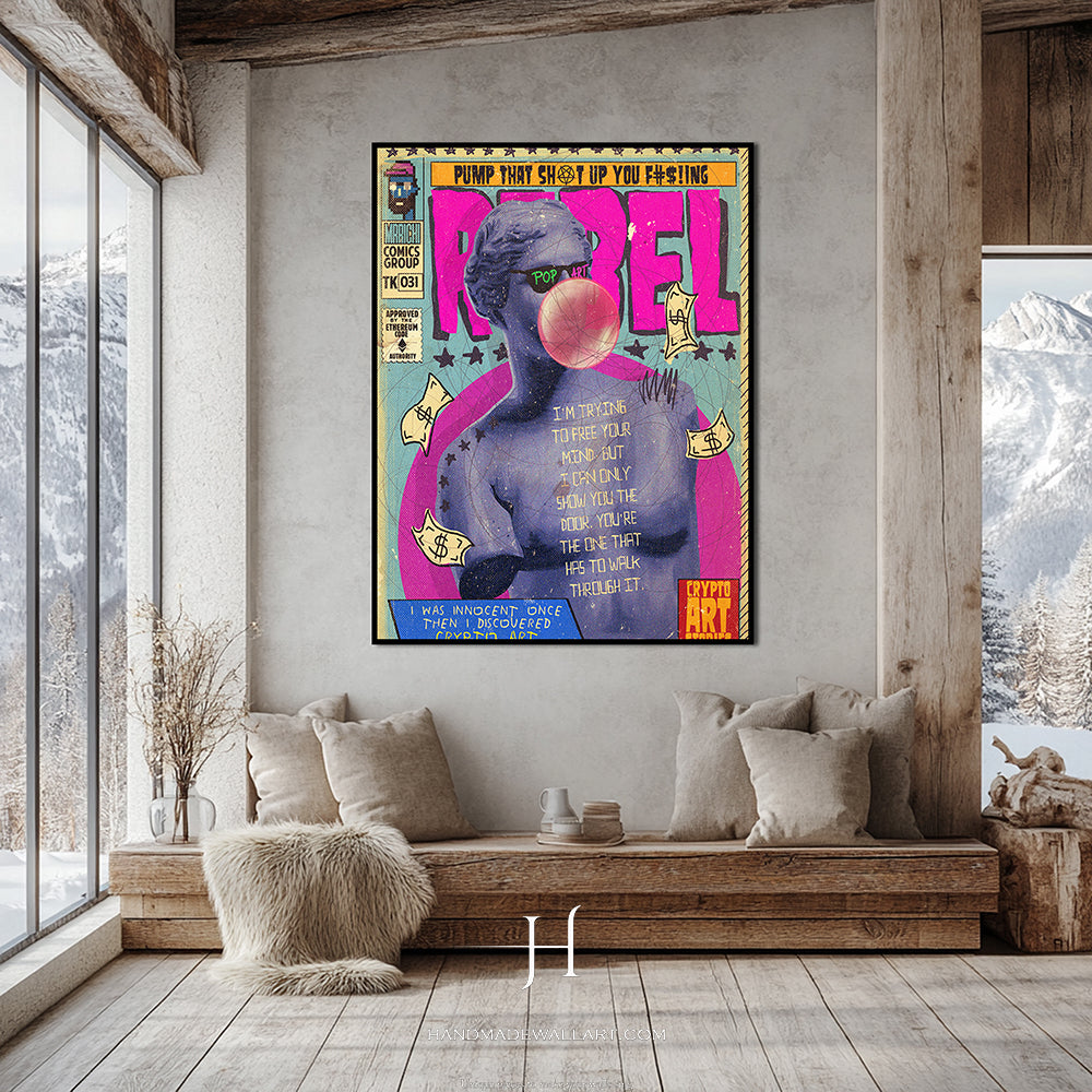 a living room with a couch and a poster on the wall