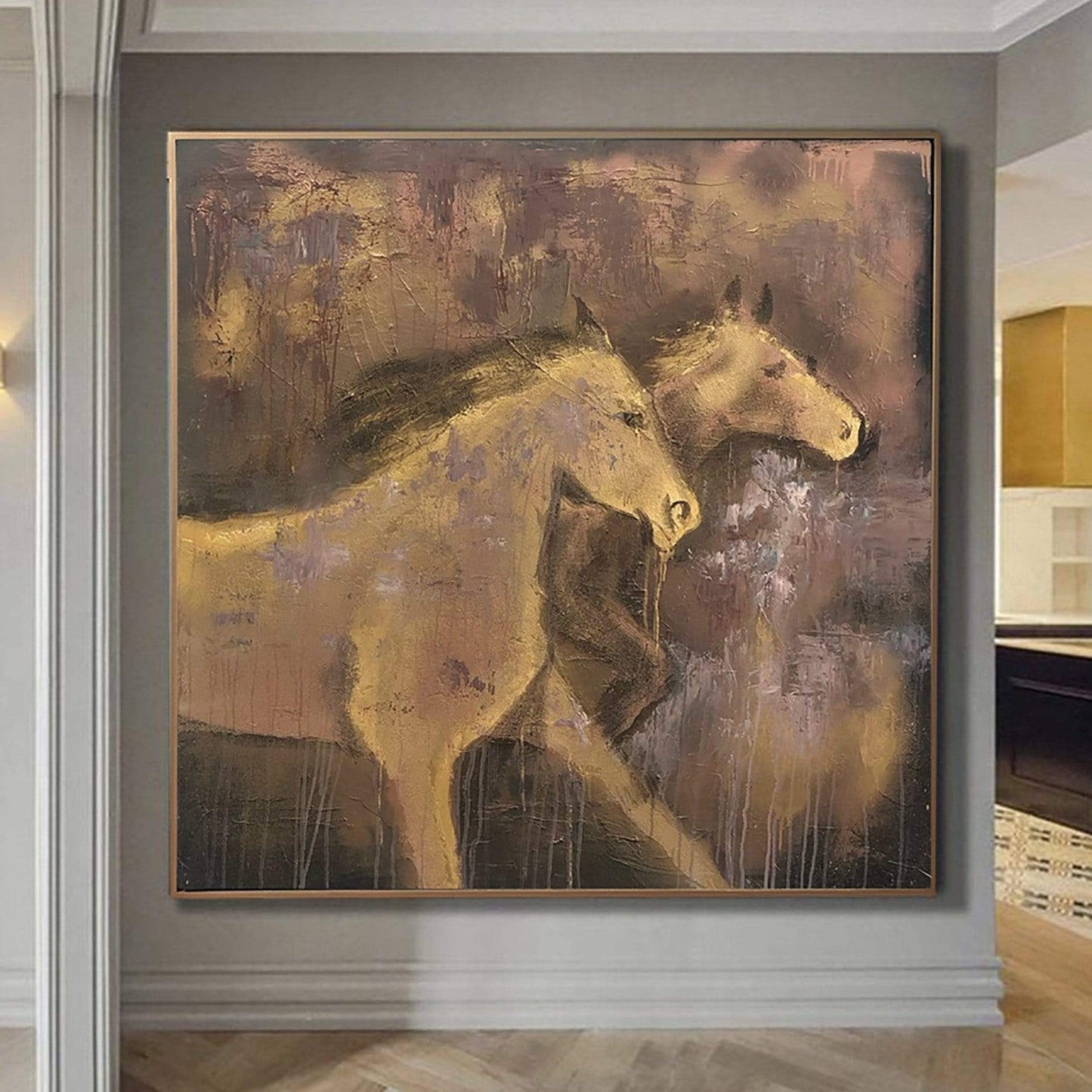 a painting of two horses in a room