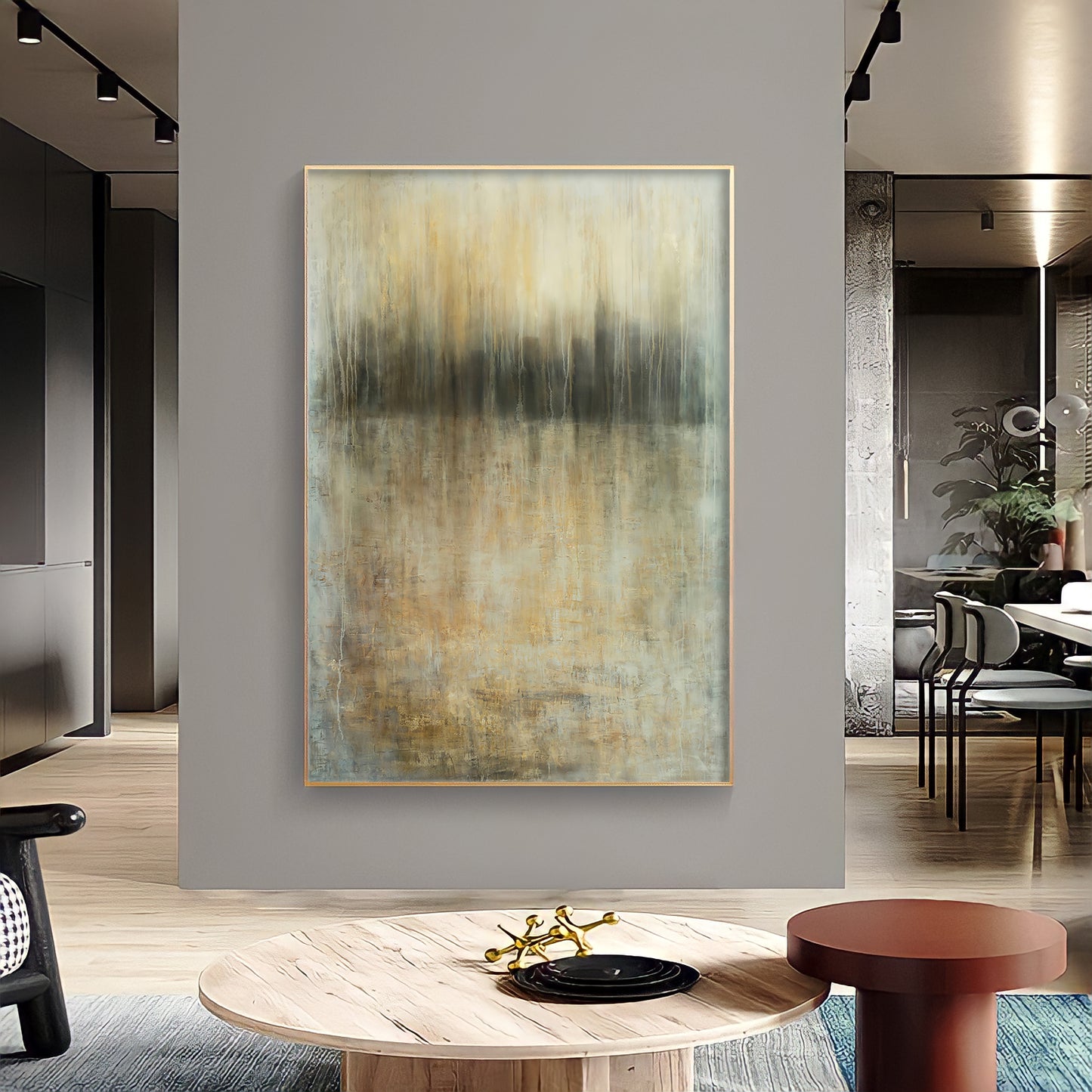 a painting hanging on a wall in a living room