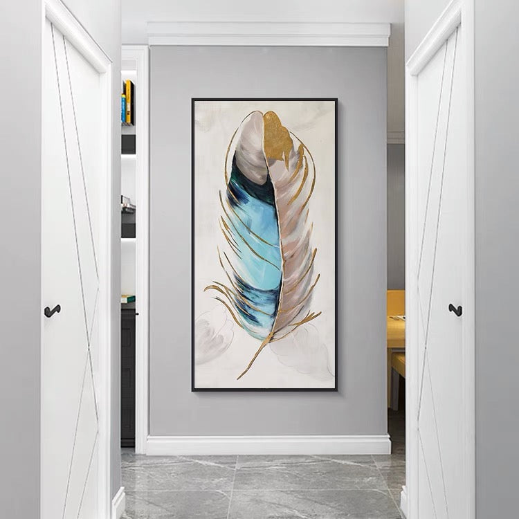 a painting of a feather hangs in a hallway