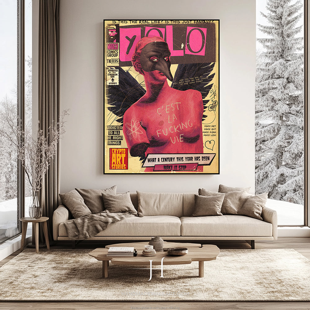 a living room filled with furniture and a painting on the wall