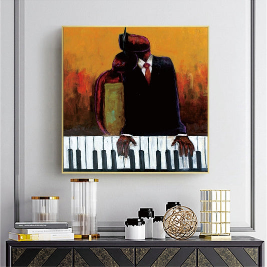 a painting of a man playing the piano