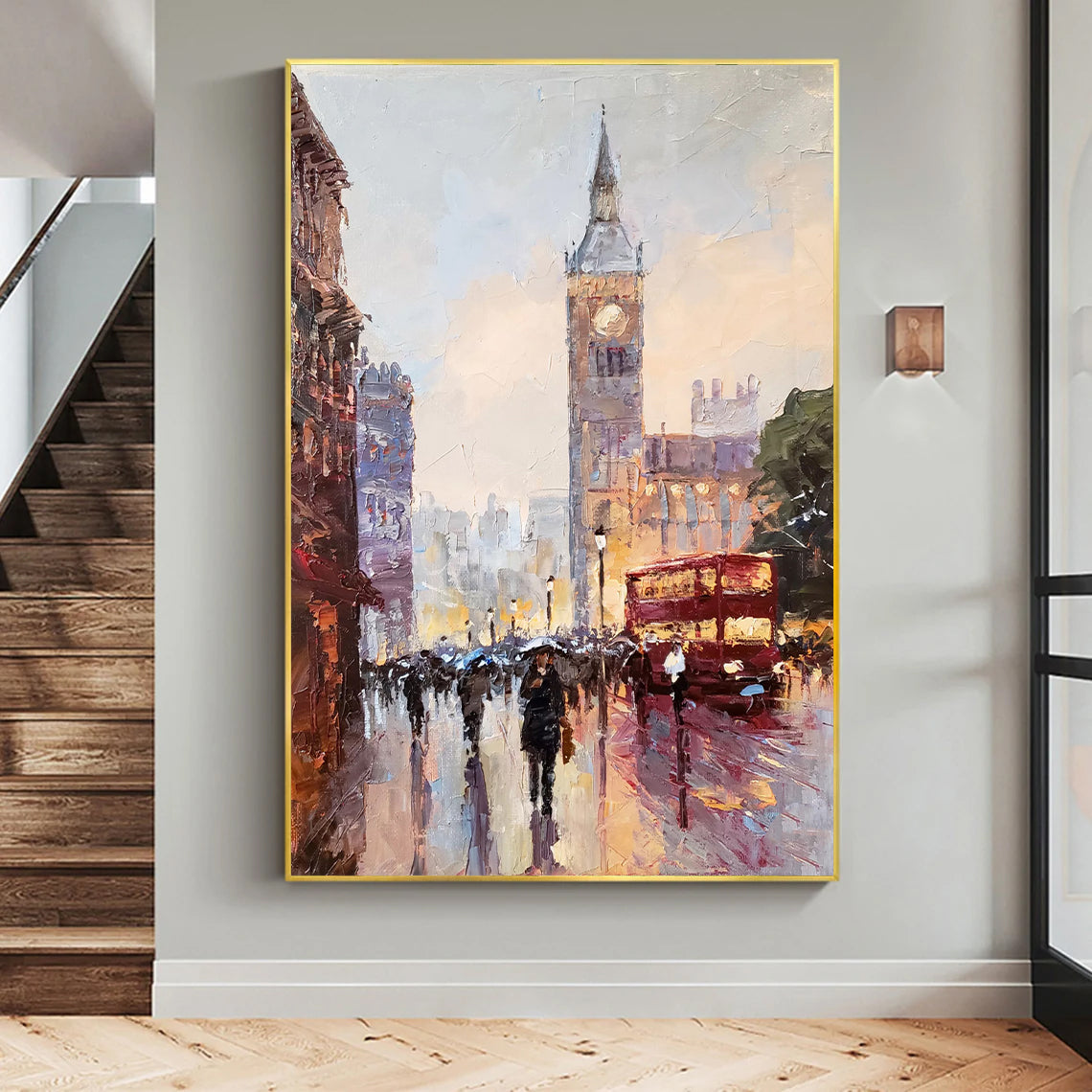 a painting of a city street with a clock tower in the background