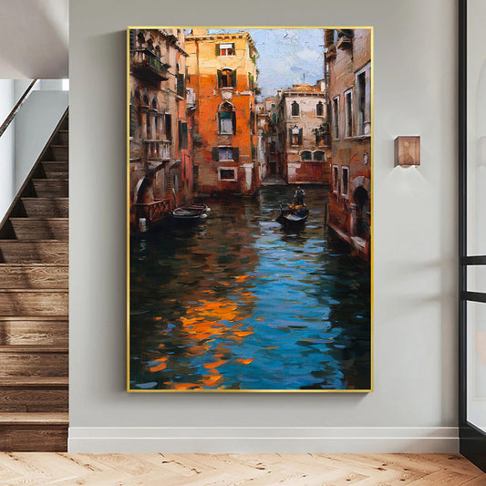 a painting on a wall of a canal in venice