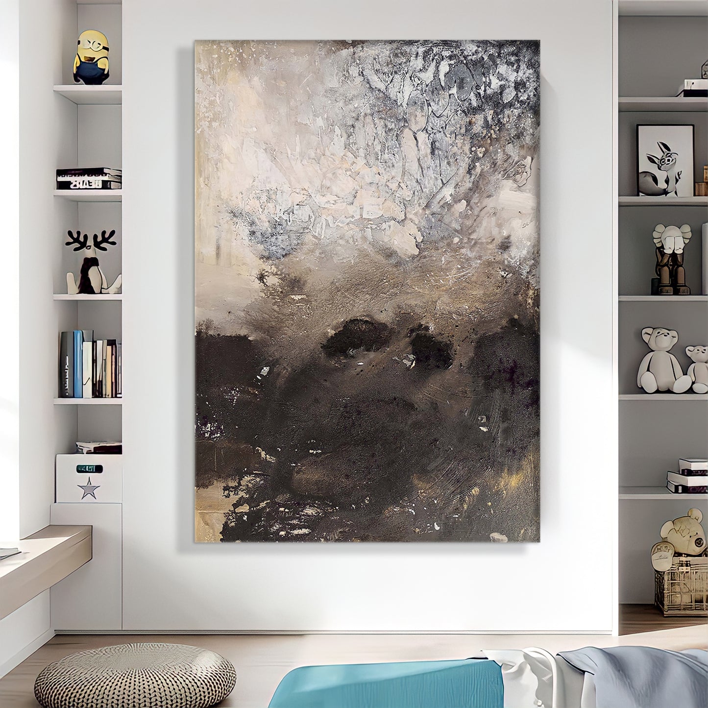 a large painting hanging on a wall in a living room