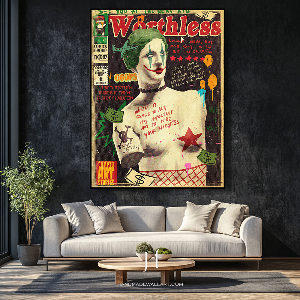 a living room with a couch and a painting on the wall