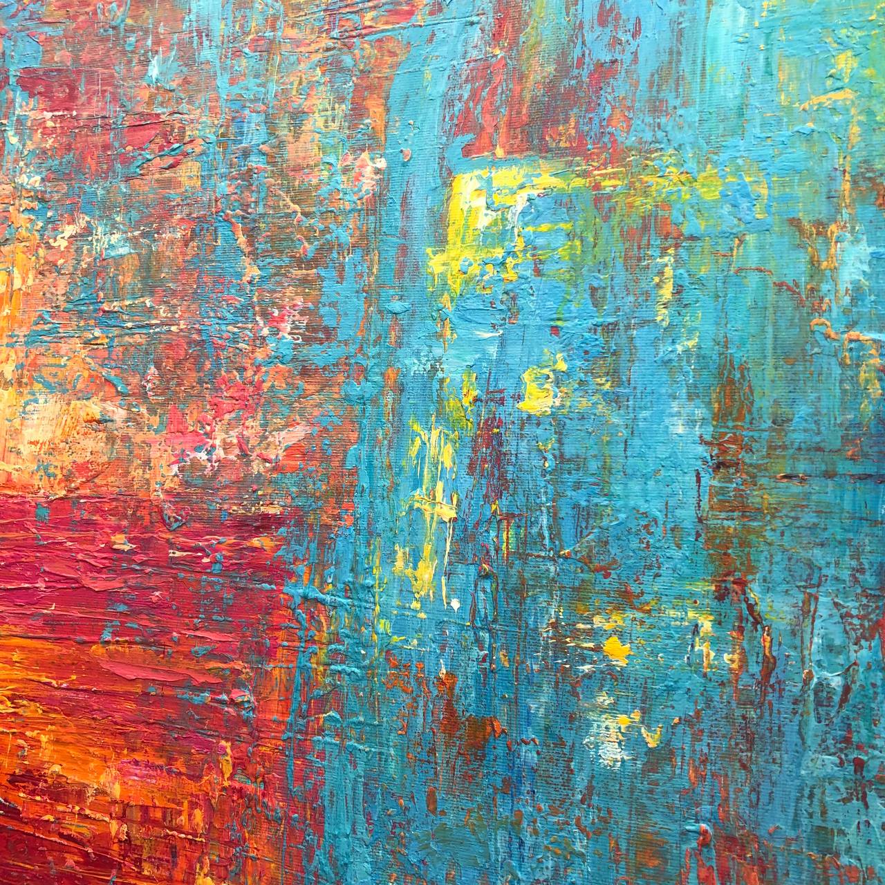 an abstract painting of blue, red, and yellow colors