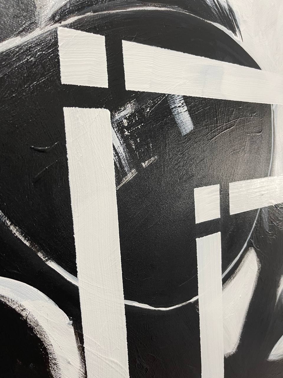 a black and white painting with a cross on it