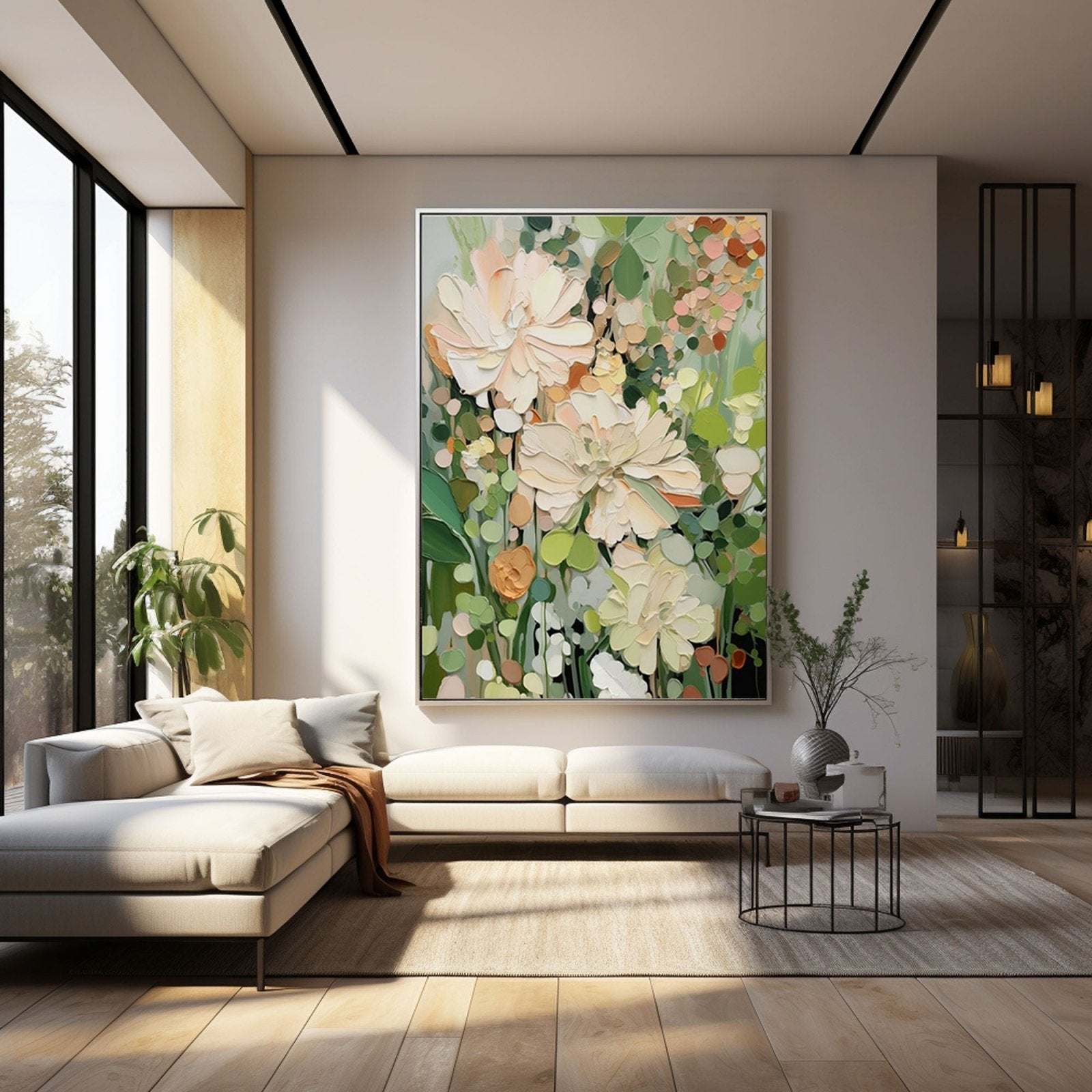 a modern living room with a large, colorful painting of flowers hanging on the wall. The room has a white sofa, a coffee table, and a large window that allows natural light to fill the space.