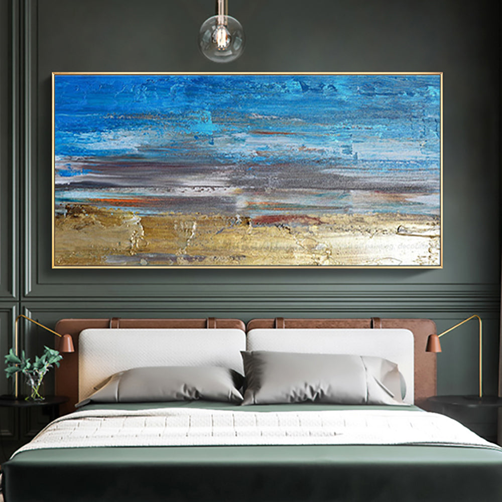 a bedroom with a large painting on the wall