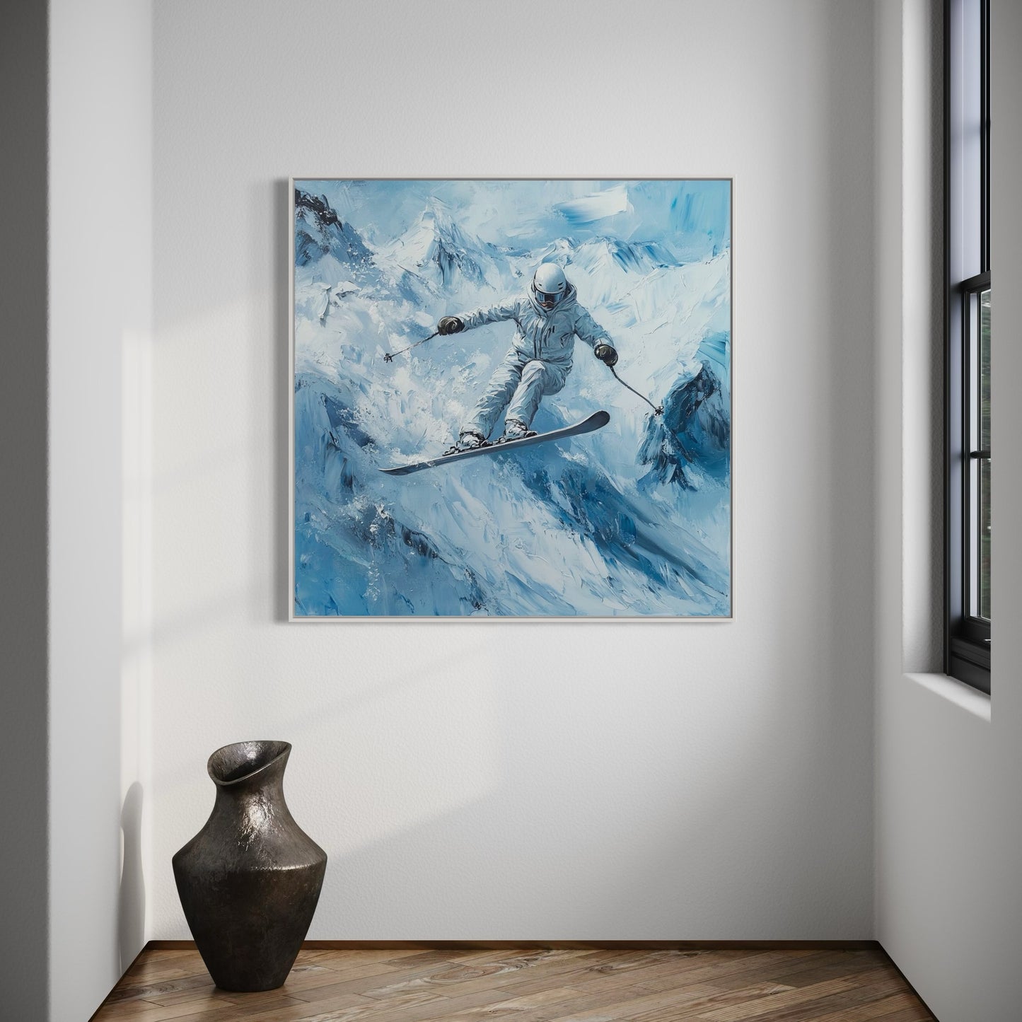 a painting of a man skiing on a mountain