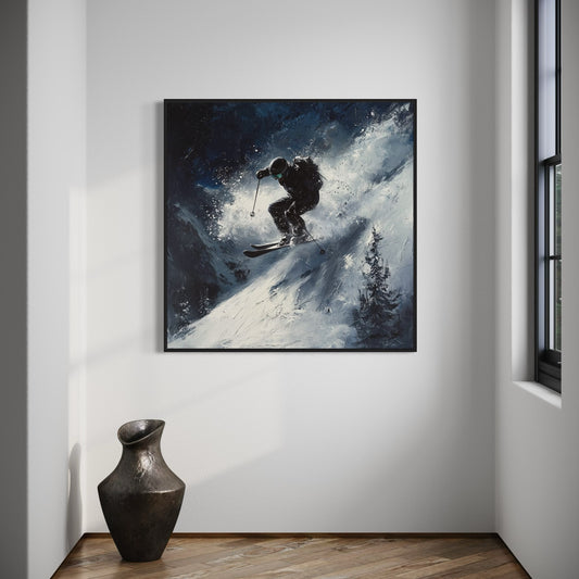 a painting of a man skiing down a mountain