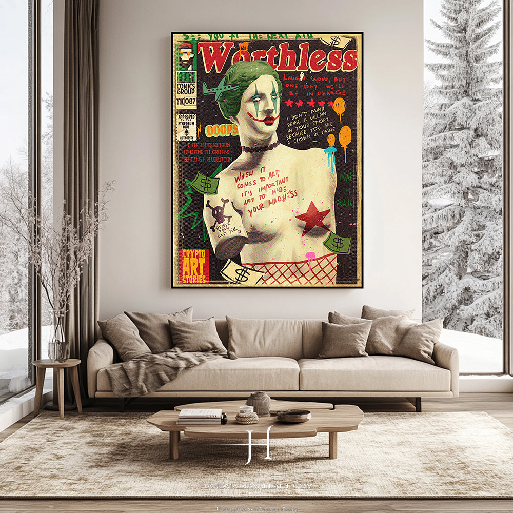 a living room with a couch and a painting on the wall