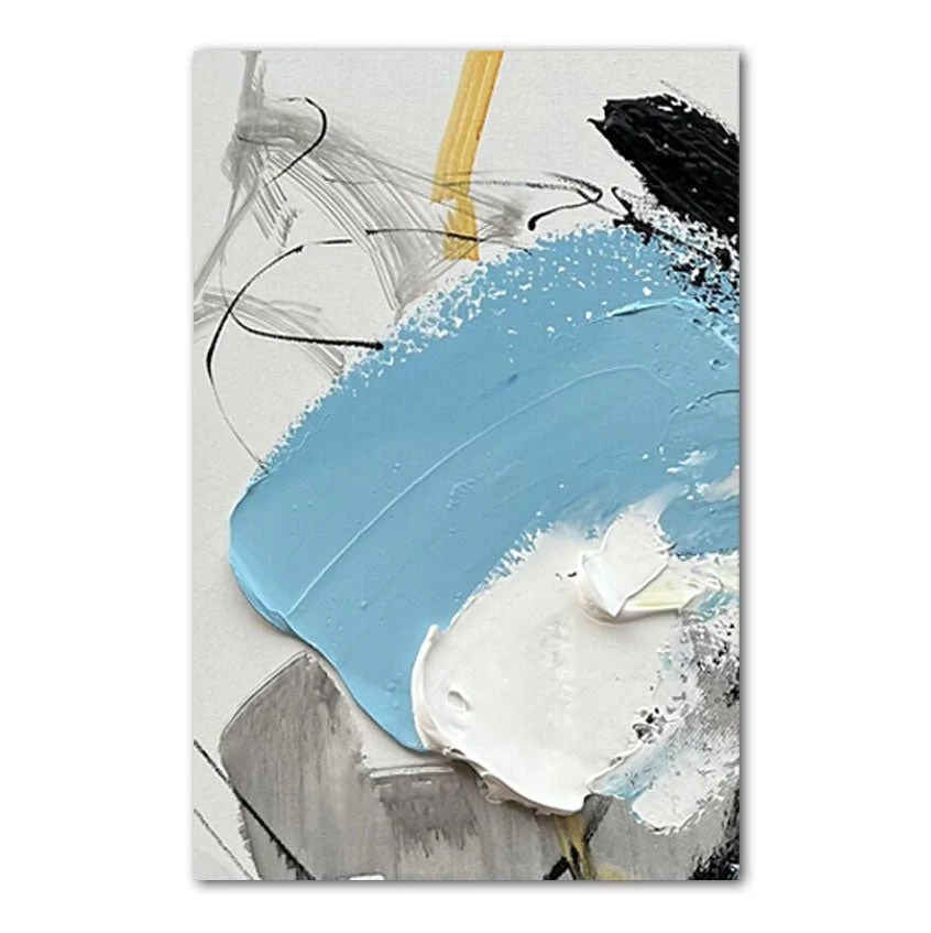 The image is an abstract painting with a mix of blue, white, and black colors. The painting features a variety of brushstrokes and textures, creating a dynamic and expressive visual composition.