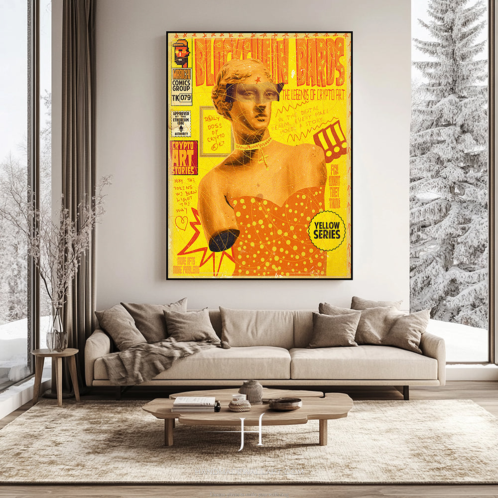 a living room with a couch and a painting on the wall