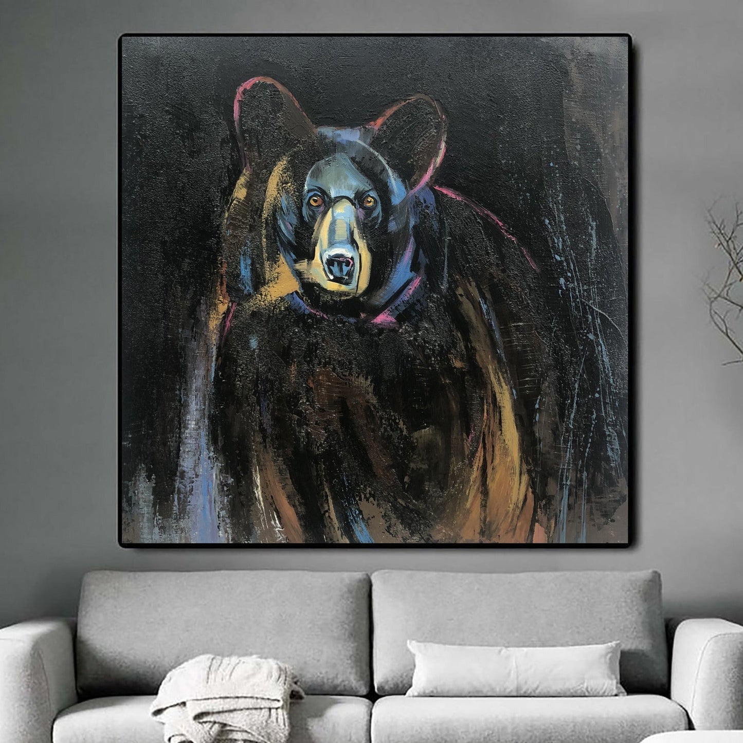 a painting of a bear in a living room