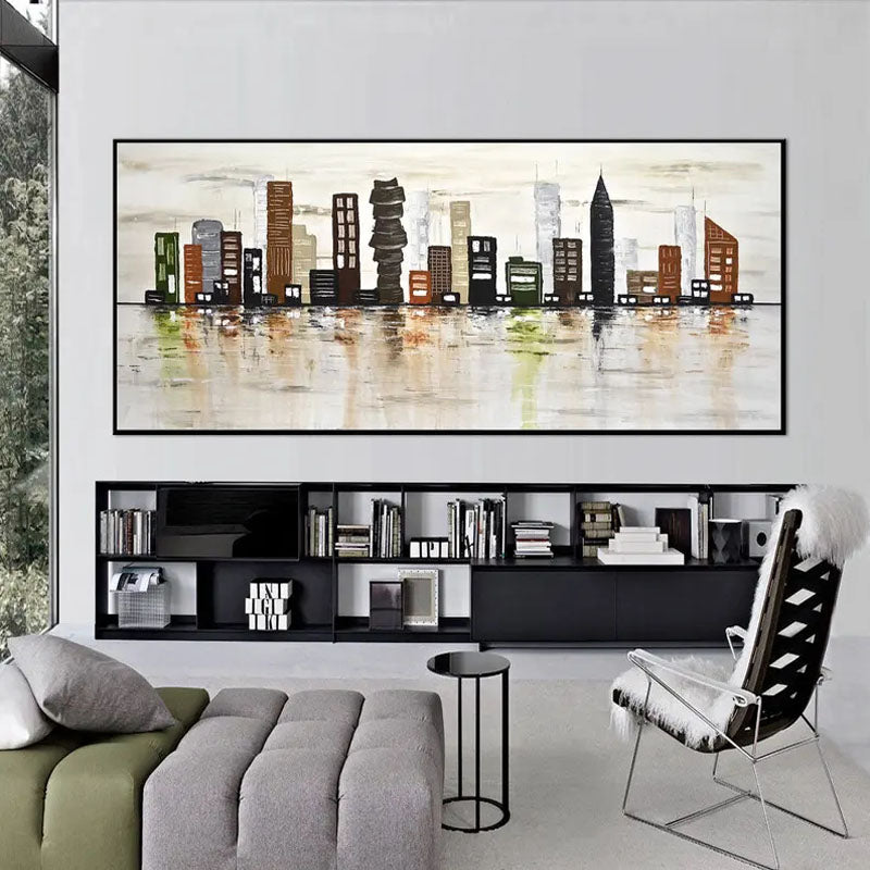 a living room with a large painting on the wall