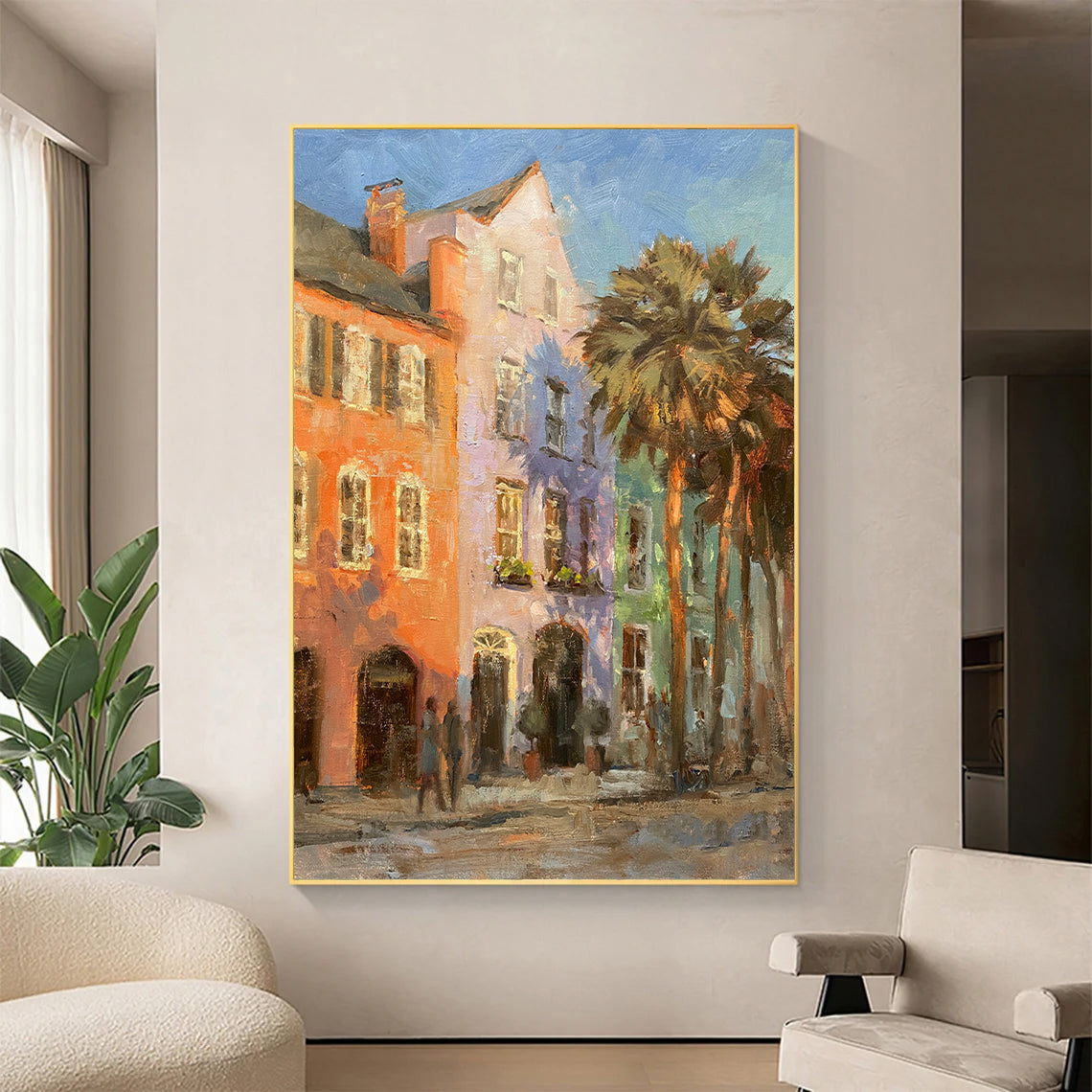 a painting of a city street with palm trees