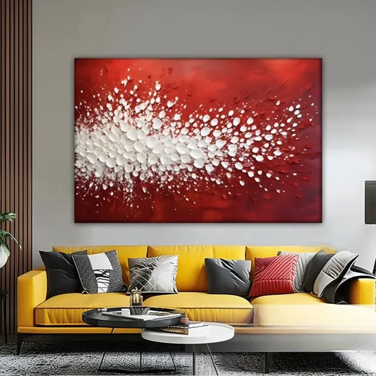 a modern living room with a large, vibrant red abstract painting hanging on the wall above a yellow couch adorned with throw pillows.
