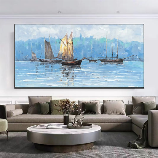 a living room with a large painting on the wall