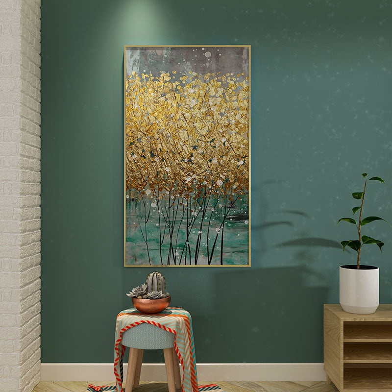 a painting hanging on a wall next to a stool