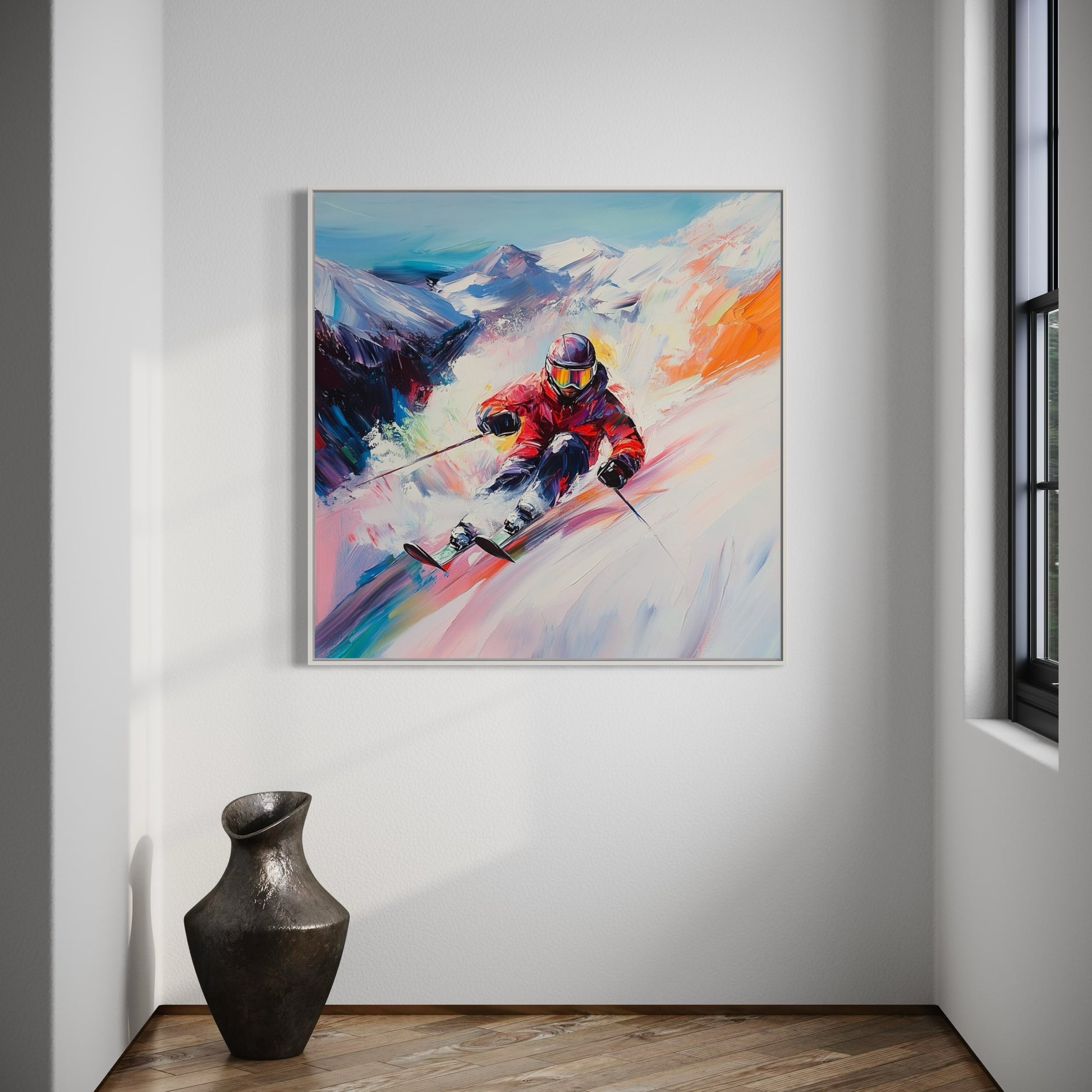 a painting of a person skiing on a mountain