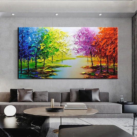 a living room with a large painting on the wall