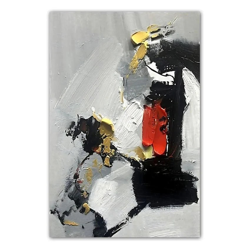 The image is an abstract painting with bold brushstrokes and a mix of black, white, and red colors.