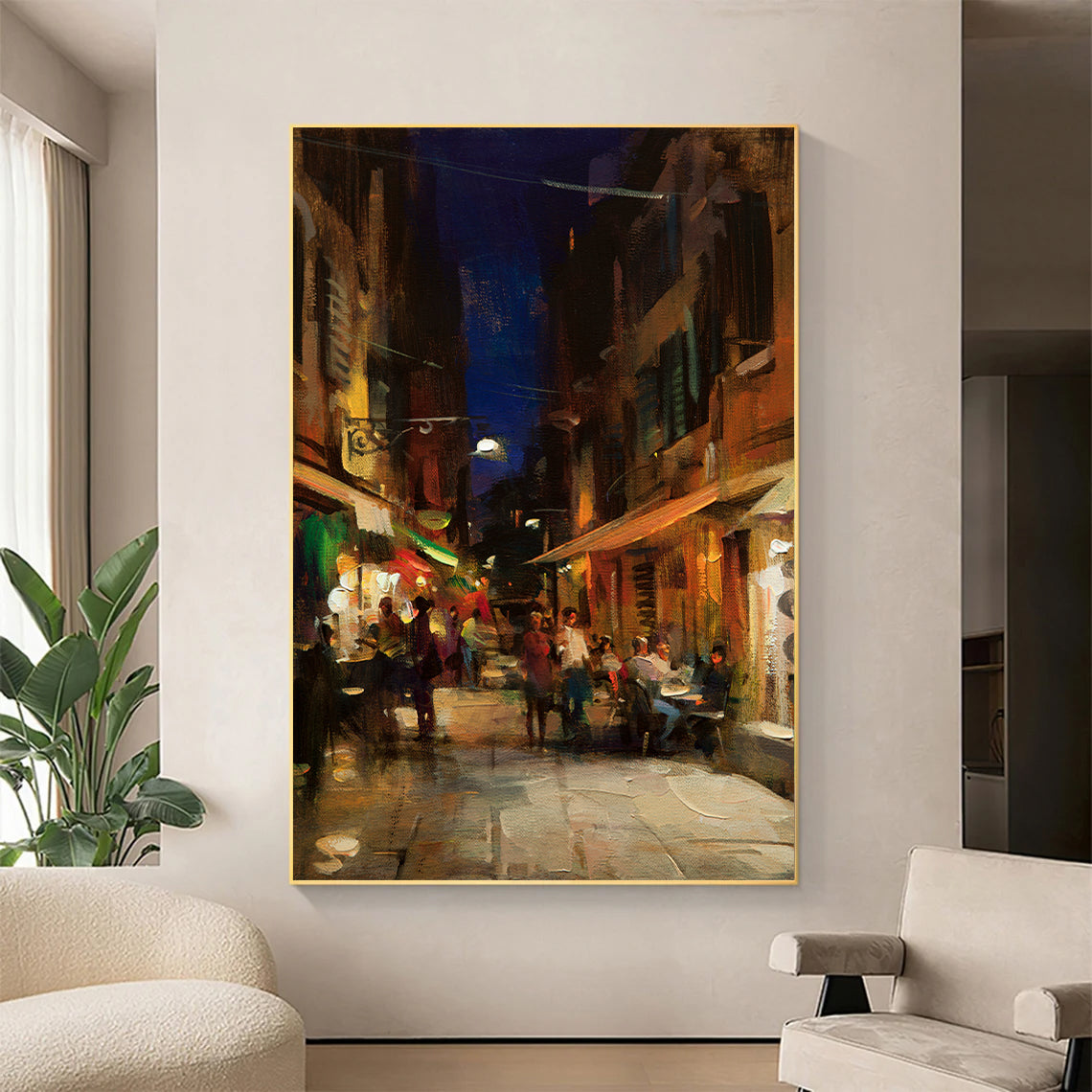 a painting of a city street at night