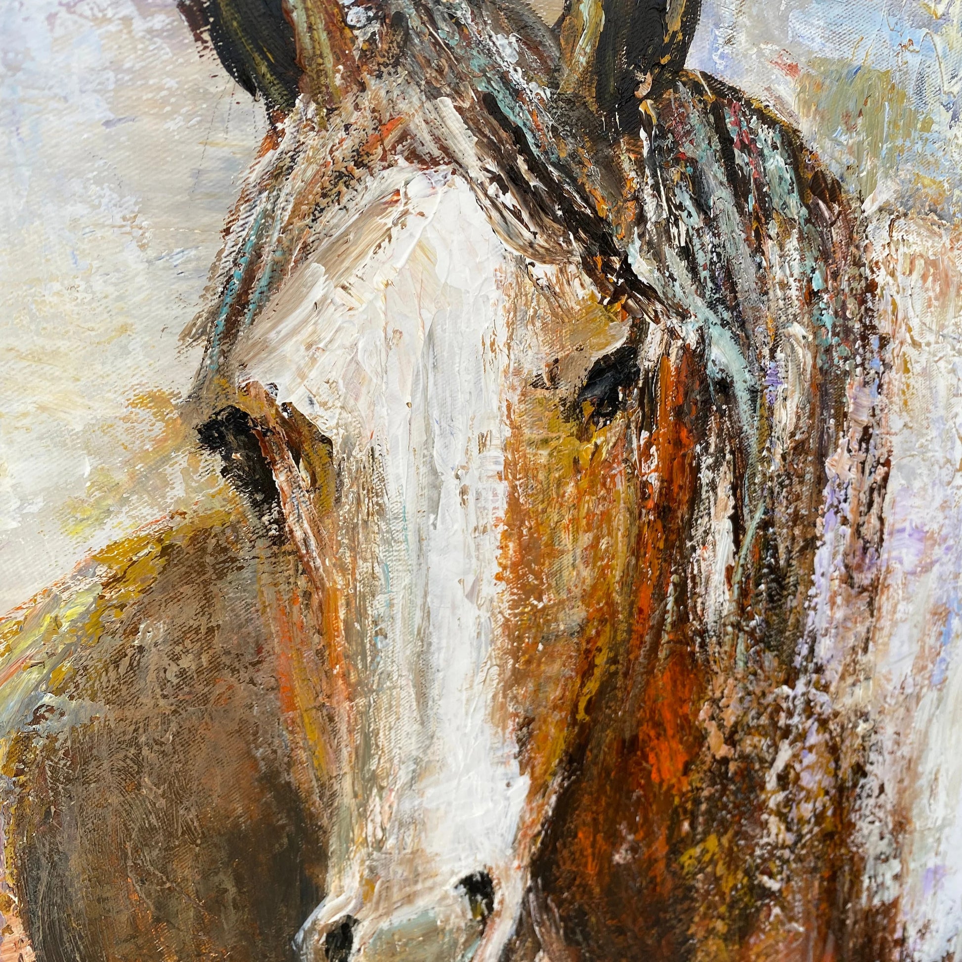 The image is a close-up of a horse's face, with a textured and expressive painting style.