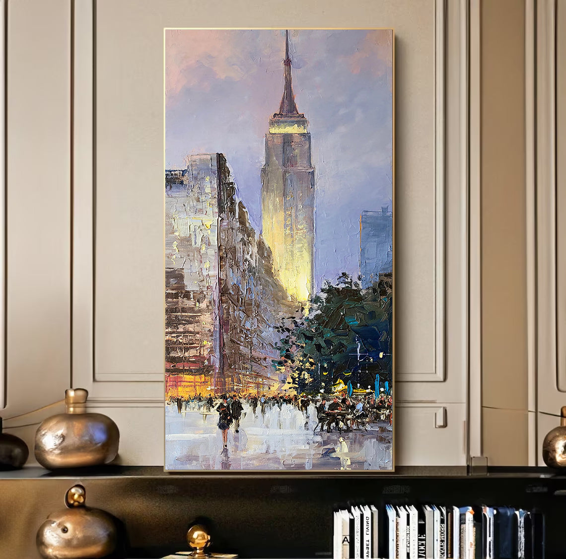 a painting of a cityscape in a living room