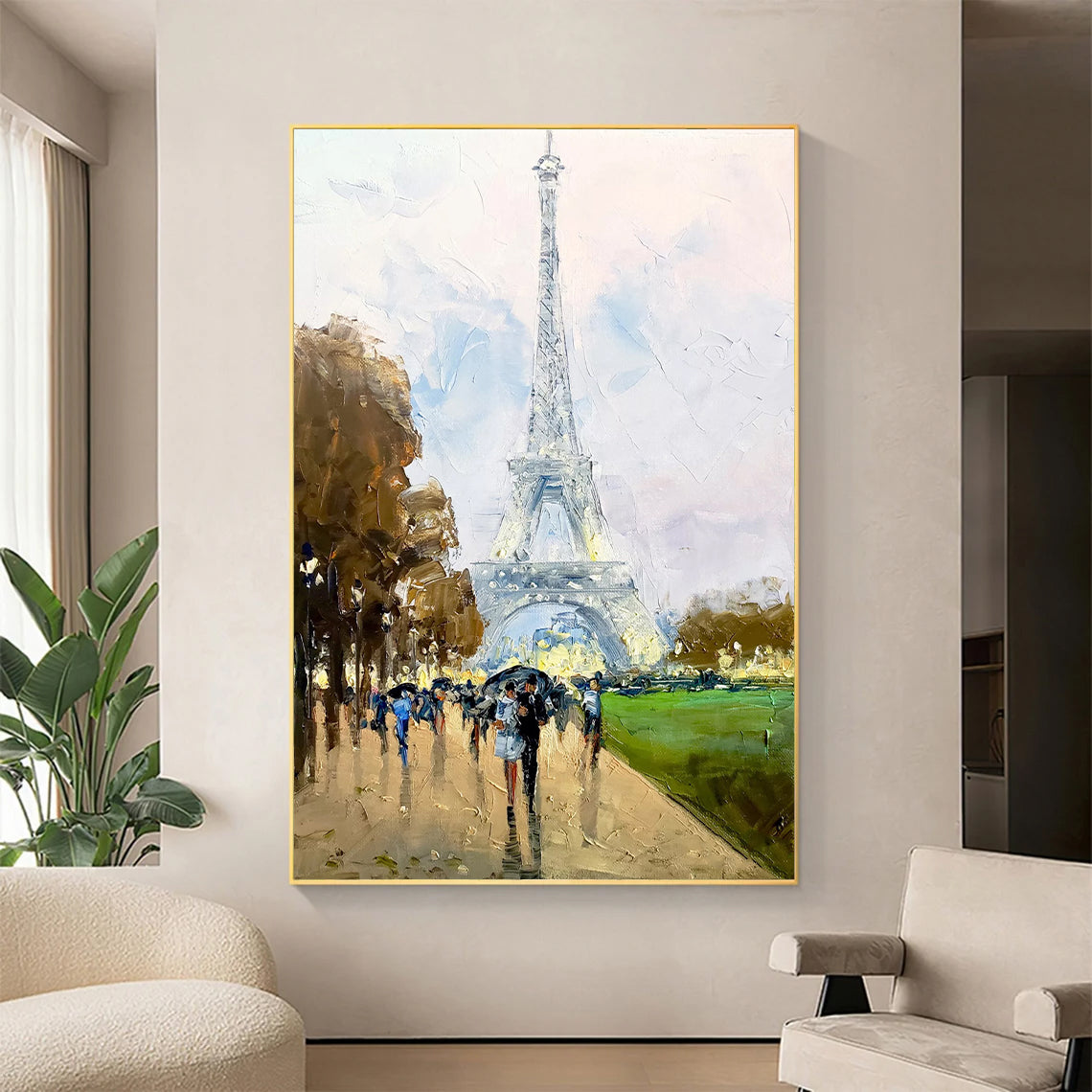 a painting of people walking in front of the eiffel tower