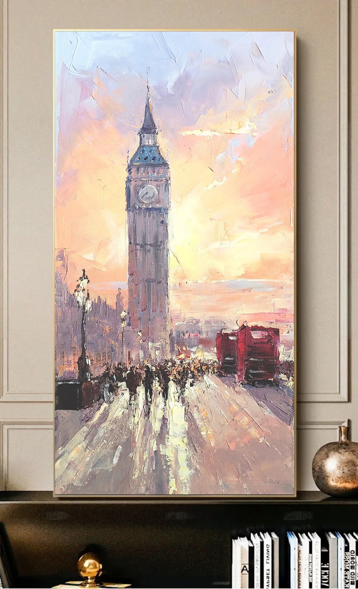 a painting of a clock tower on a wall