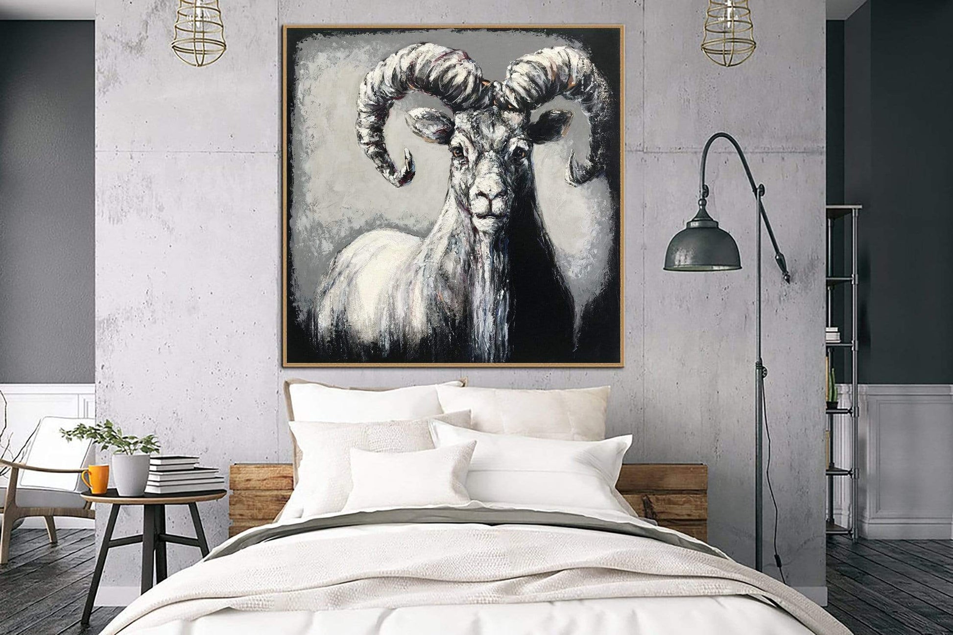 a painting of a ram on a wall above a bed