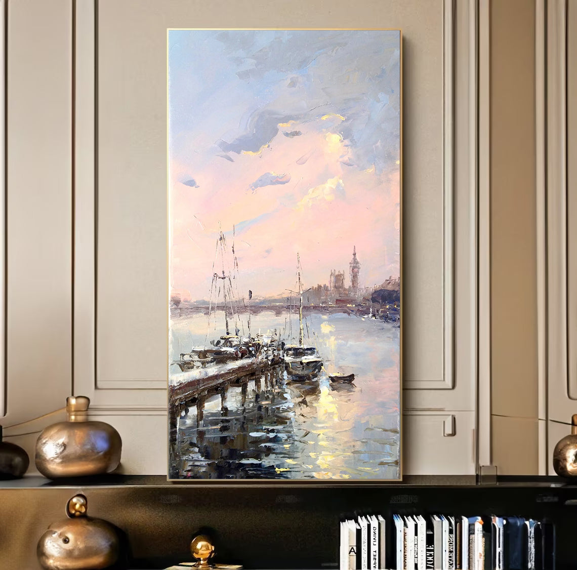 a painting of boats in a harbor at sunset