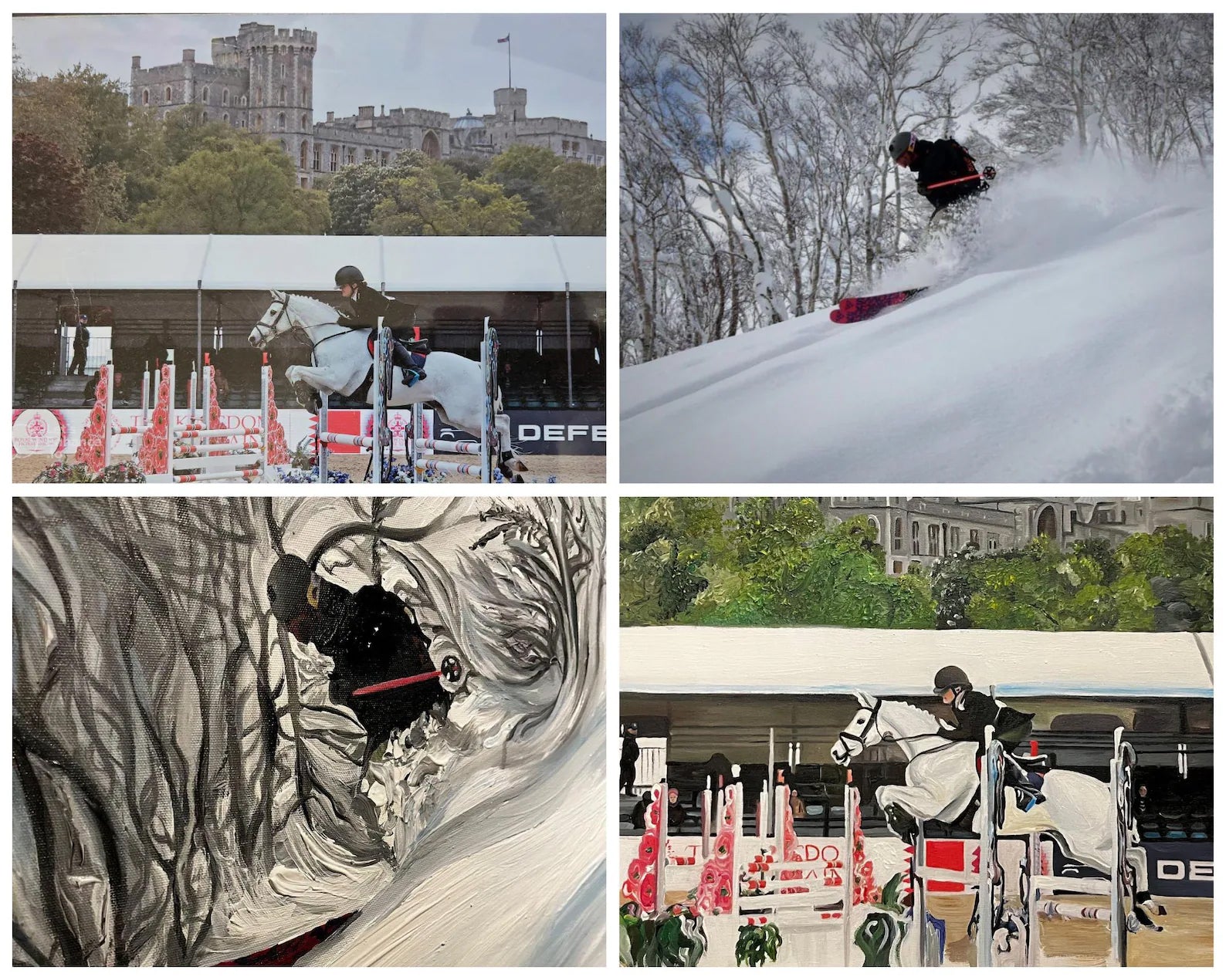 The image is a collage of four photos depicting various equestrian and winter sports activities.