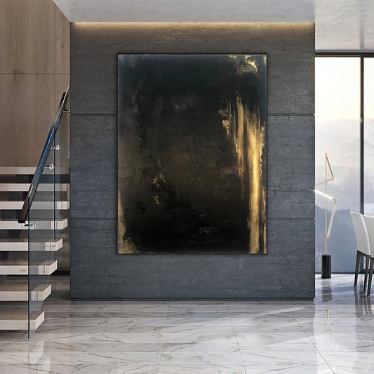 a modern interior design with a large abstract painting on a gray wall, a glass staircase, and a white tiled floor.