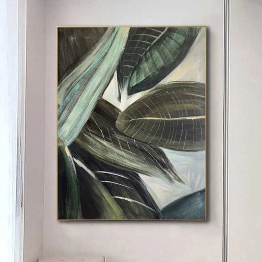 The image is a large painting hanging on a wall, depicting a close-up view of green leaves with intricate patterns and textures.