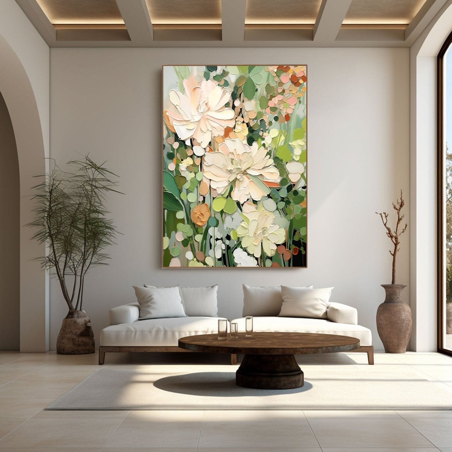 a modern living room with a large floral painting hanging on the wall above a white sofa. The room has a wooden coffee table in front of the sofa, and there are two potted plants on either side of the sofa. The overall decor has a minimalist and elegant style.